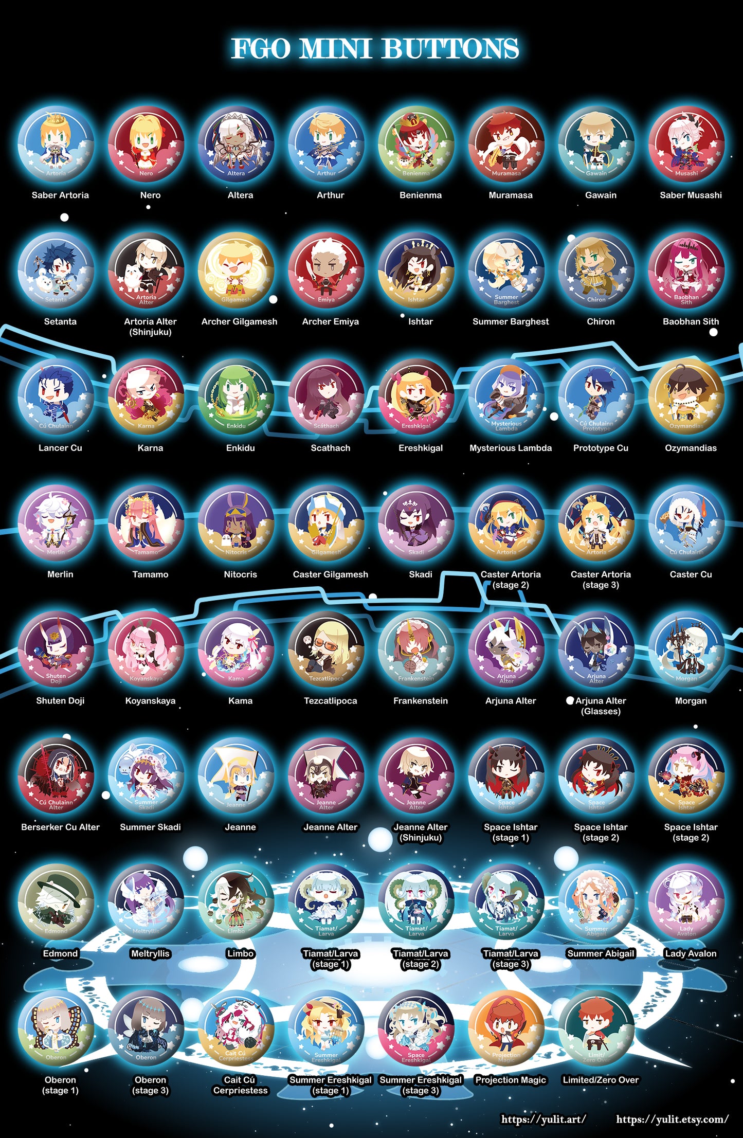 - New - FGO Chibi 1.25in (32mm) Pinback Button / Magnet Set