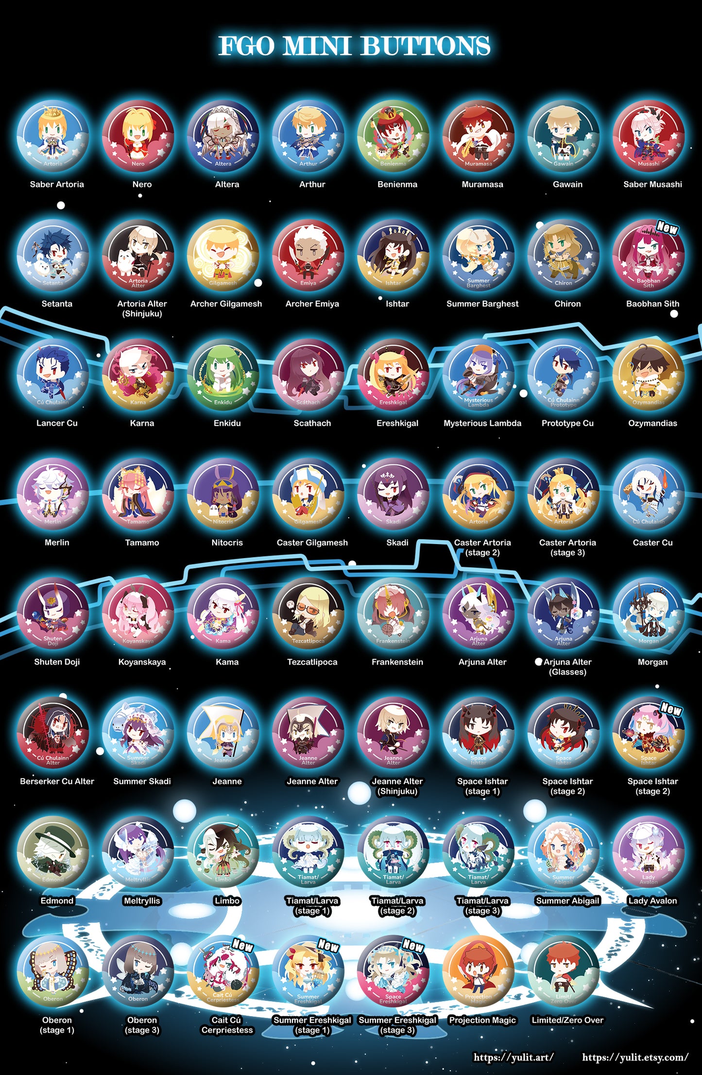 - New - FGO Chibi 1.25in (32mm) Pinback Button / Magnet Set